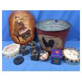 Metal Trash Can, Small tins, Wooden Wall