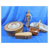 2 Longaberger Bakets,Wooden Doll,Wooden Hat