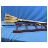 Natural Broom 54"H, Carved Wooden Cane 35"&Small