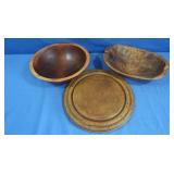 2 Wooden Bowls Wooden Plate,2 handmade&signed