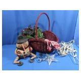 Basket w/Cloth Snowman,Electric Star,works,&Pine
