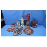 Glass Jar w/artificial fruit,Wooden Angel,