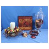 Lidded Glass Jar w/Cloth Fruit,Small Fruit Wreath