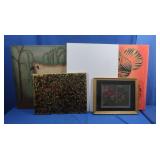 5 Artwork Pieces, 1 Framed,3 Unframed canvas& 1