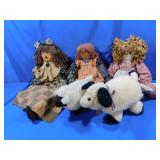 3 Rustic Looking Cloth Dolls&2 Stuffed Animals