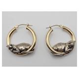 14K Hoop Earrings w/ Sterling Cats, 7.2gr TW