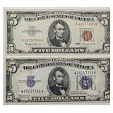 Blue Seal $5 Silver Cert 1934A, Red Seal $5 1963