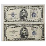 2 Blue Seal $5 Silver Certificates, 1934D, 1953A