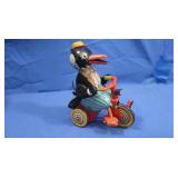 Vintage Tin Wind-up Toy Penguin Riding a Bike-7"H