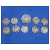 9 Mercury Roosevelt Dimes,1 Washington-90% Silver