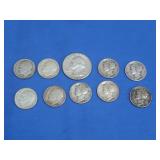 9 Mercury Roosevelt Dimes,1 Washington-90% Silver