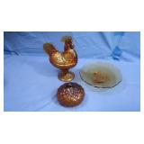 Vintage Amber Glass Glass Hen-on-Nest& 2 other