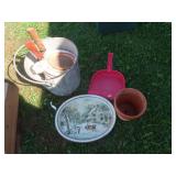 Galv Bucket w/Sickles,Flower pots&more