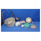 Metal Handled Wicker Basket w/2 Hand Mirrors(one