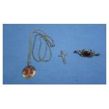 Sterling Lot-Pin w/Amber,Cross,Med.Alert Necklace
