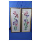 2 Embroidered Flowers Framed Artwork  10.75"x27"