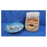 Vintage Santa Head Cookie Jar(plastic)&Dish