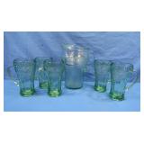 Libbey Green Glass Coke Pitcher,5 Coke Mugs