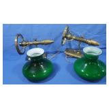 2 Brass Wall Sconces w/Green Shades