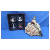 Chalkware Victorian Lady&Dog Figure,4 Plate