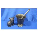 Vintage Brass Mortar&Pestle&Brass Cat
