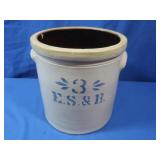 3 Gal E.S.&B Stoneware Crock,no cracks,11"H