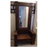 Antique Oak Hall Tree w/mirror,coat hooks&storage