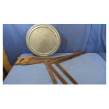 Handsaw, 3 framing squares and metal lid
