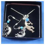 Sterling Kokopelli Pendant, Costume Earrings