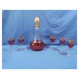Vintage Red&Gold Brandy Decanter &Stemware