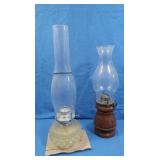 Oil Lamps - 1 w/cut Glass Base and 1 w/Wooden