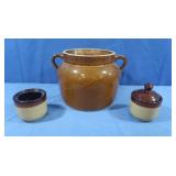 Vintage Brown Glazed Lidded Bean Pot &2 Jars (one