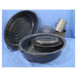 18" &12" Graniteware Roasters,Egg Basket,Sifters