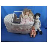 Ceramic Doll, Vintage Doll,Vintage Wicker Bassinet