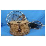 Vintage Wicker Fishing Creel Basket&3 Fishing