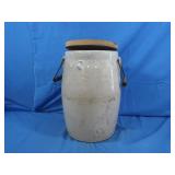 Vintage Stoneware Crock w/handles&Wooden Lid,3