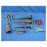 Vintage Tin Litho Horns, Largest 15",Kazoo Bugle
