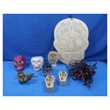 Miscellaneous Halloween Lot, Wooden Casket, Skull