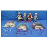 4 Handcrafted Wooden Folk Art Dolls&Paper Masks
