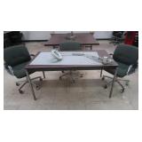 Metal & wood table 60x30x29.5', 3 office chairs,