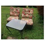 Pr Metal Patio Chairs w/Cushions&Glass Top Side