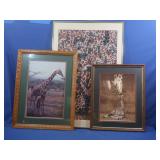 3 Framed Giraffe Pics,Largest 24.5x36.5'