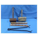 Antique Wooden Mallets 13.5" & 12", Vintage Metal