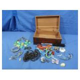 Sm Wooden Box 10x6.5x3", w/Costume Jewelry&Ring