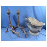 2 Fireplace Adirons & Coal Scuttle. *Has broken