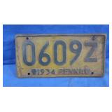Antique 1934 License Plate