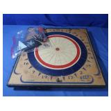 Vtg. Widdy Wooden Dart Board w/darts - 22x22"