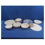 3 Blue Church Hill Plates, 2 China Pearl Plates,