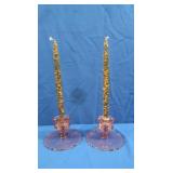2 Pink Candle Holders, w/ 2 Vin. Orange Amber