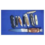 8 Pocket Knives & Antler 6"Blade Bowie Knife